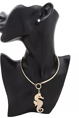  Women Short Necklace Gold Metal Fashion Jewelry Set Sea Horse Pendant Charm  • $14.95