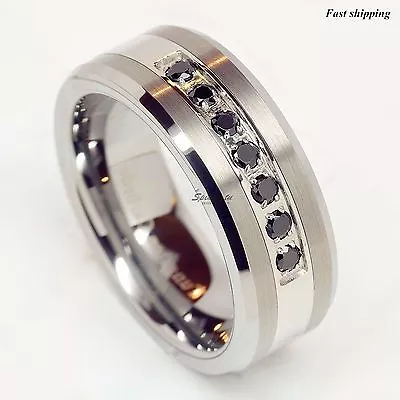 $29.99 • Buy Luxury Best Tungsten Ring Black Diamonds Mens Wedding Band Brushed Size 6-13