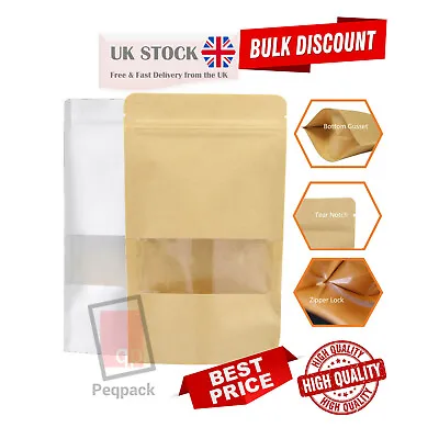 Kraft Paper With Window Stand Up Pouches Plated Mylar Zip Lock Heat Resealable • £68.99