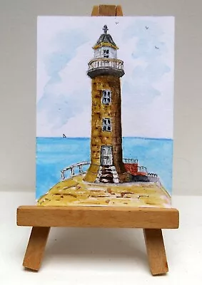 ACEO Whitby East Pier Lighthouse Yorks  Original Miniature Watercolour Painting • £4.99