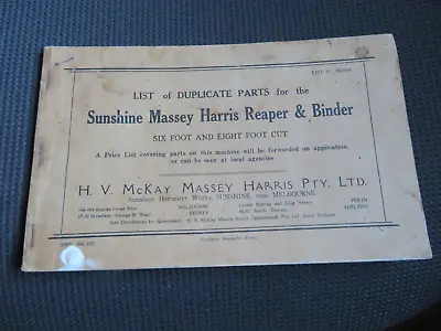 Sunshine Massey Harris Reaper & Binder Parts Manual. • $25