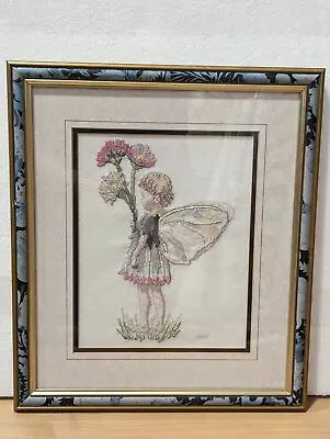 Vintage Cross Stitched FAIRY HOLDING FLOWERS Framed Finished Artwork Completed • £19.80