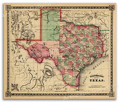 1866 Schönberg's Early Map Of Texas Historic Map 24x28 • $22.95