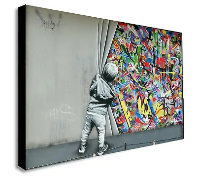 Banksy - Little Boy Pulls Graffiti Curtain - Canvas Framed Wall Art Print. • £12.99