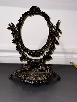 Vtg Medieval Cast Iron Gilded Vanity Oval Mirror  Frame W/Jewelry Trinket Dish • $89.99