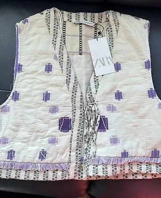Zara Lightly Quilted Ecru Lavender Fringed Gilet Waistcoat Jacket Size XS S Boho • $56