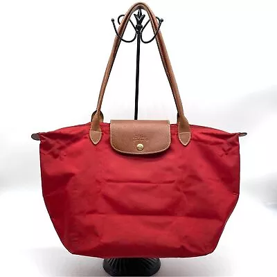 Longchamp Le Pliage Medium Red Nylon Brown Leather Shoulder Tote Shopping Bag • $40