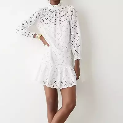 NEW J.Crew Ruffleneck Drop Waist Eyelet Long Sleeve Mini Dress White L NWT $198 • $69