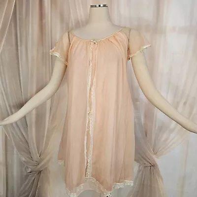 Vintage 1960's 50s Nightgown Lingerie Chiffon Lace Bows Fluttery Cap Sleeve  • $66