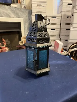 Decorative Candle Holder Blk Metal & Aqua Glass Morrocan  Designed Lantern. E 5 • $9.99