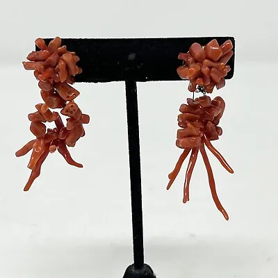 Vintage Coral Drop Dangle Earrings Haskell -GM Mark 1920s Brass Clip Branch • $39.99