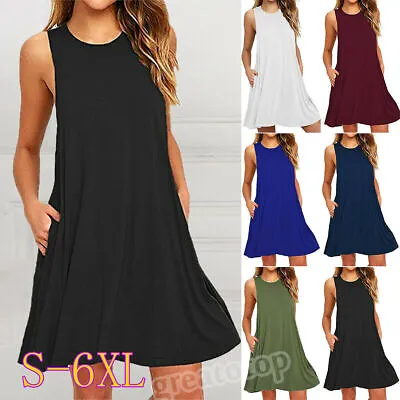 $19.39 • Buy Women Sleeveless Pockets Swing Mini Dress Summer Beach Tank Dresses Plus Size