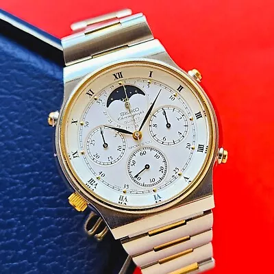 Seiko Moonphase Watch 1984 Chronograph With Bracelet Box 7A48-7009 Vintage Mens • $799