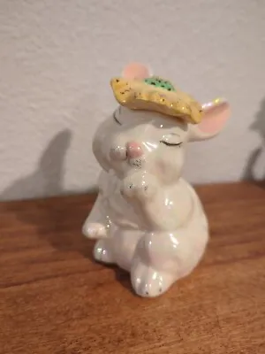 Rabbit Cotton Ball Dispenser Figurine Vintage Ceramic Iridescent  • $10
