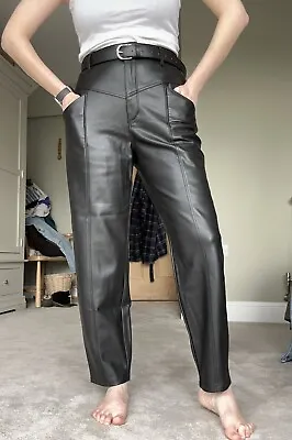 Zara Faux Leather Mom Trousers 10 High Waist Tapered High Waist Black • £25
