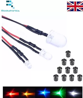 Prewired 12V LED 5mm 3mm 10mm White Red Green Blue Bright Etc Optional Holders • £2.99