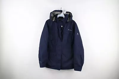 Eddie Bauer Womens Large Spell Out Travex Hooded Full Zip Rain Jacket Navy Blue • $35.95