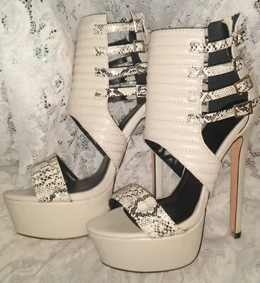 PAPER FOX Cream & Snake Print Buckle & Zipper Accents 6  Platform Stilettos Sz 7 • $44.95