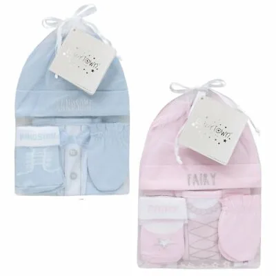 Baby Girls Boys 4 Piece Organza Bag Gift Set With Hat Bib Mittens Socks • £5.85