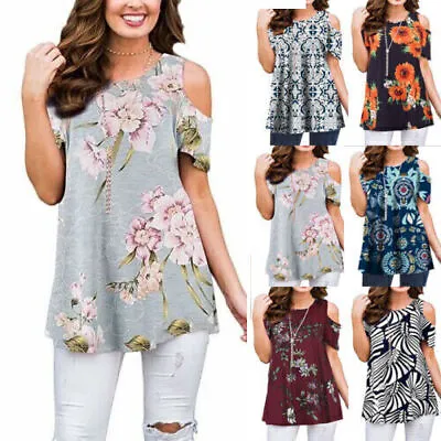 Womens Cold Shoulder Floral Tops Ladies Summer Loose Swing T-Shirt Blouse Size • £10.89