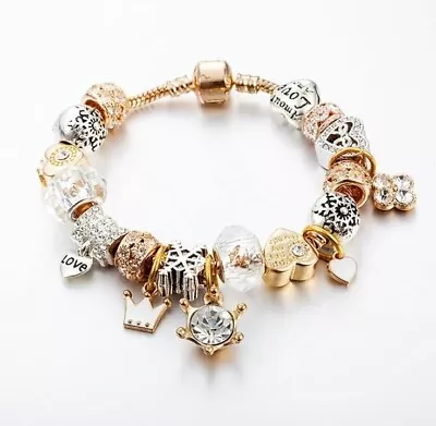 Pandora Inspired Full Set Beaded Charm Bracelet - White/ Gold • $58.95