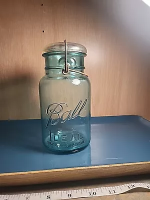 Vtg Ball IDEAL 1908 BLUE Canning Narrow Mouth Mason Jar W/Wire Bale W/Lid Quart • $6