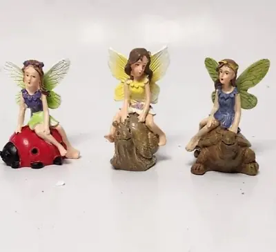 Pack Of 3 Garden Fairy Ornament Collection Fairies On Tortoise Snail & Ladybird • £9.98