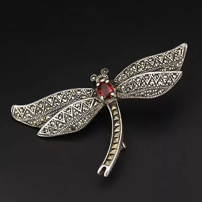 Sterling Silver - Garnet & Marcasite Dragonfly Insect Necklace Pendant - 12g • $2.99