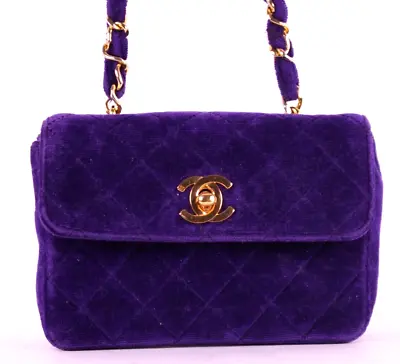 CHANEL Vintage Indigo Purple Quilted Velvet Micro Mini Flap Shoulder Bag • $1998