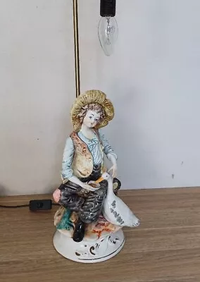 Italian Capodimonte Working Lamp Ceramic Country Boy Feeding Duck Vintage Italy • $120