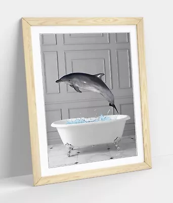 Dolphin In Bathtub Panel Wall Quirky Framed Bathroom Art Poster Print 4 Sizes • £14.99