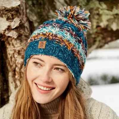 Womens Pachamama Wool Utrecht Beanie Bobble Hat Blue • £21.99