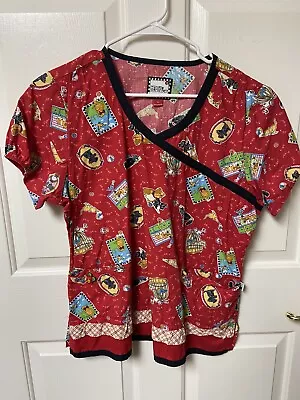 Mary Engelbreit Scrub Top L Red Animals Short Sleeve Pockets • $15.99