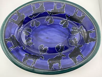 Handcrafted Studio Pottery Serving Platter Moose Theme Blue Green Artist Signed • $30