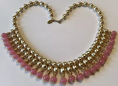 Vintage Miriam Haskell Signed Pink Glass And Baroque Bead Fringed Necklace • $459
