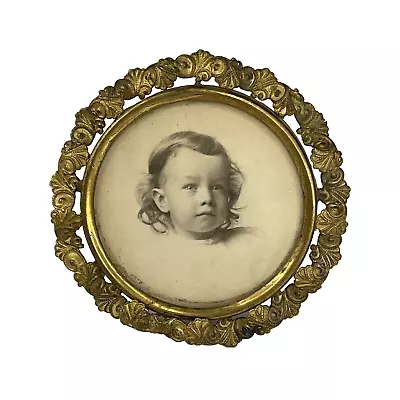 Mini Antique Ornate Gilt Brass Round Easel Photo Frame W Sepia Baby Picture 3  • $34.99