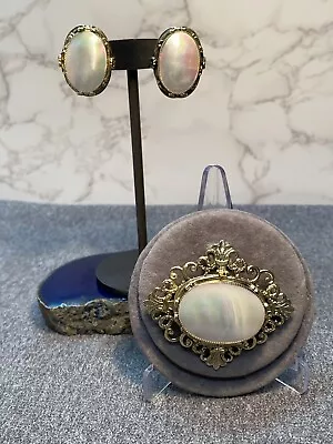 Vintage Whiting & Davis Signed Brooch & Earrings Mother Of Pearl Filagree Detail • $45