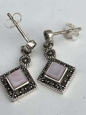 Pink Mother Of Pearl And Marcasite  Drop Earrings Sterling Silver • £12.90