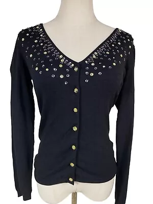 Queenspark Black Knit Womens Cardigan Size XS 8 Bejewelled Sequin • $27.49