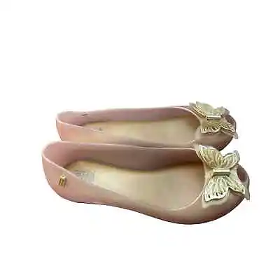 Mel By Melissa Gold Butterfly Girls Flats Shoes Size 3 Peep Toe • $23.39
