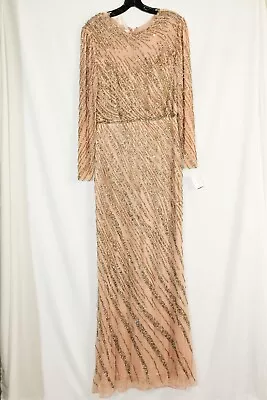 Mac Duggal Womens Mocha Beaded Long Sleeve Gown #12 $269 • $90.99