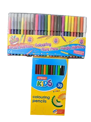 £5.25 • Buy Felt Pens 24 Pack Fibre Tipped Magic Brush Markers & Box 30 Colouring Pencils