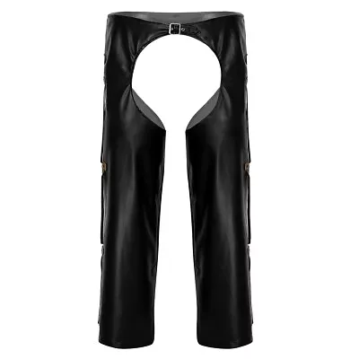 Black Men Faux Leather Classic Motorcycle Chaps Loose Long Pants Fringed Trouser • $14.87