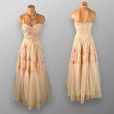 Vintage 50s Emma Domb Multi Layer Lace Tulle Party Prom Dress Evening Ball Gown • $279