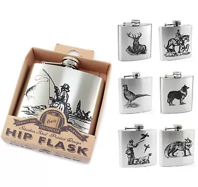 Men’s Country Scene 6oz Stainless Steel Hipflask Fishing/Stag/Horse/Collie Dog • £14.99