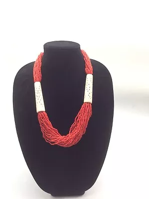 Vintage Coral Seed Bead Tribal Multi Strand Carved 26  Chunky Necklace Jewelry • $98