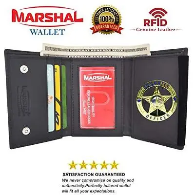 RFID Blocking Genuine Leather Trifold Round Badge Holder Wallet Black With Snap  • $32.91