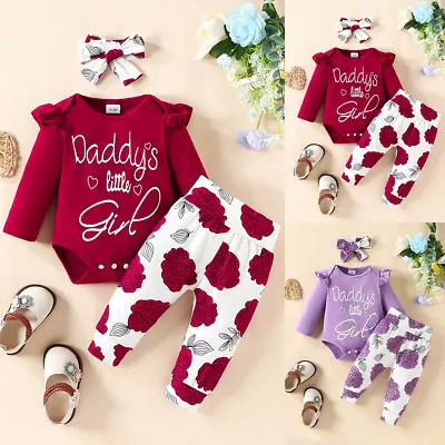 Daddy's Little Girl Newborn Baby Foral Bodysuit Romper Pants Headband Outfit Set • £9.89