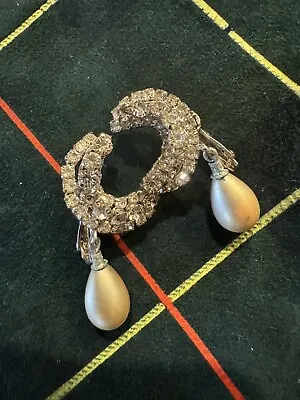 Vendome Vtg Silver Tone Crystal Rhinestone & Dangle Faux Pearl Clip Earrings • $40