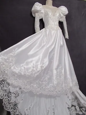 80's Vintage Bridal Originals White Satin Floral Puff Sequin Pearl Wedding Dress • $648.93